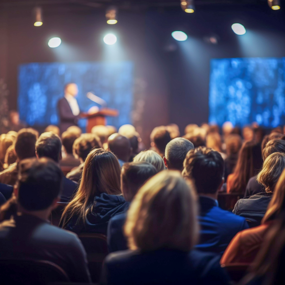 Audience attending a professional logistics conference with a speaker presenting on stage, highlighting networking and industry collaboration